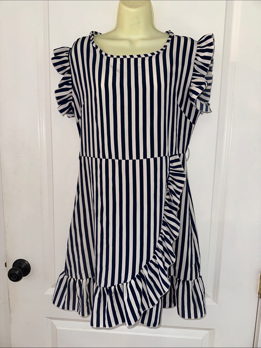 Stellah Navy‎ and White Stripe Ruffle Sleeve & Hem Dress